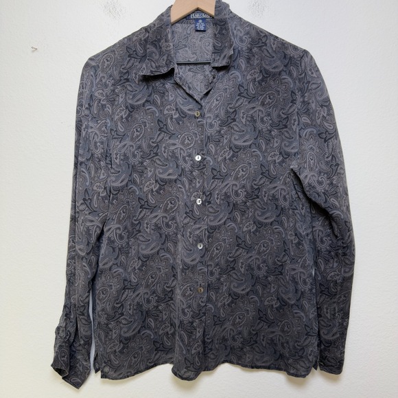 Harold's Tops - VTG 90s Harolds Women 100% SILK Fairy Grunge Button Front Top Large Gray Paisely